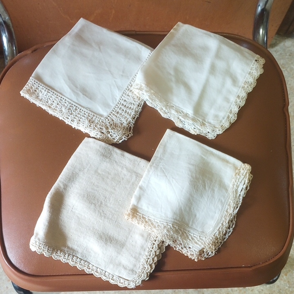 4 Vintage Neutral Ivory Cream Handkerchiefs w/ Decorative Edging